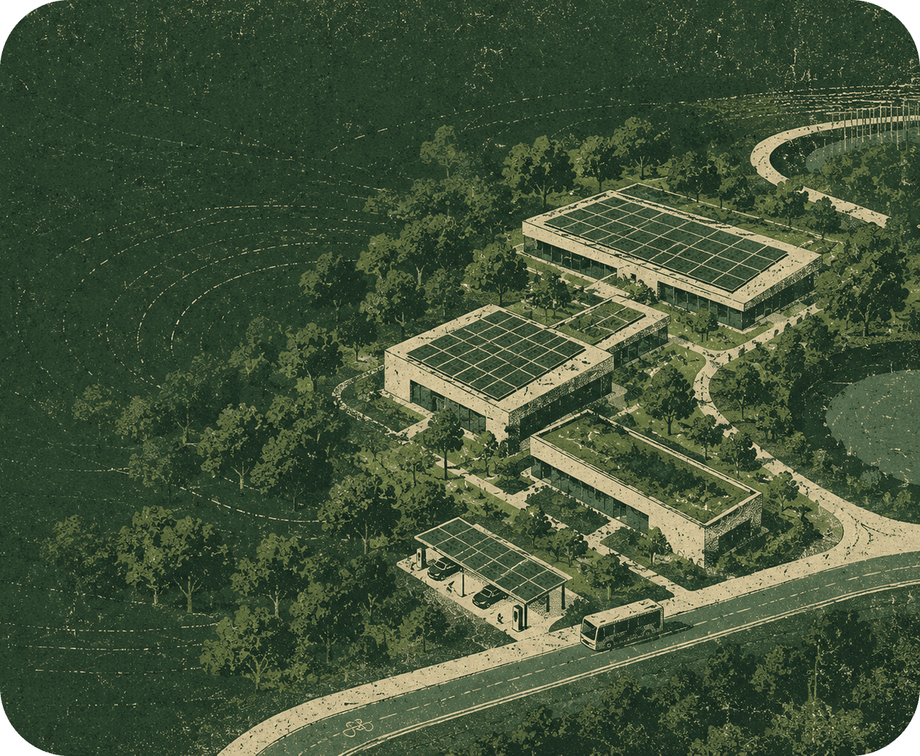Aerial view of a road cutting through dense forest