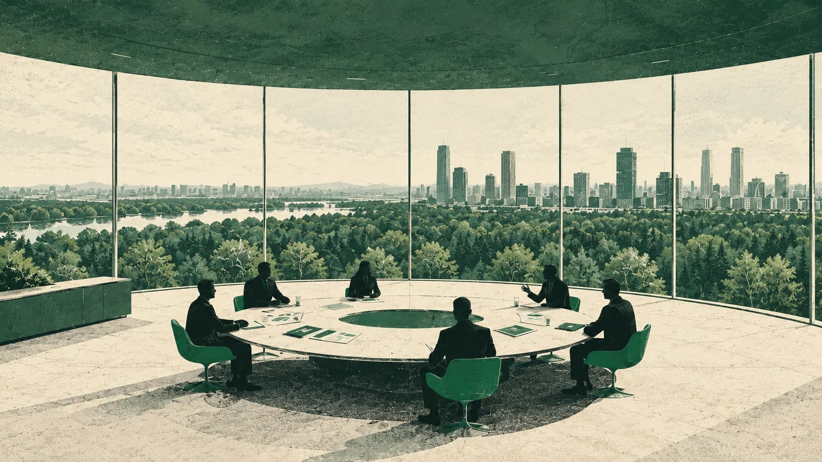 Board meeting around a round table overlooking a city skyline