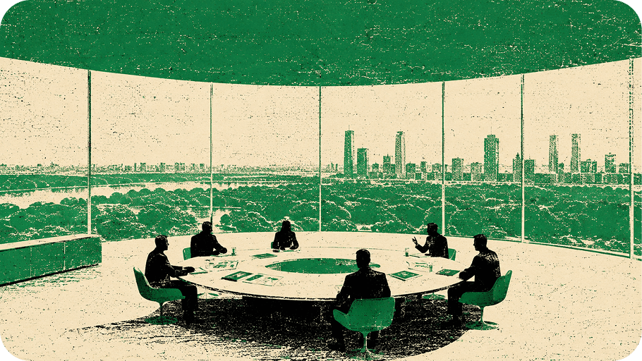 Board meeting around a round table overlooking a city skyline