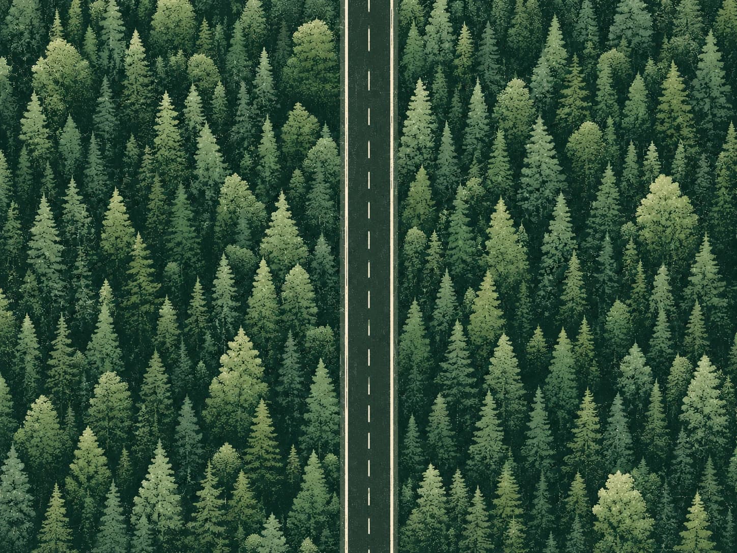 Aerial view of a road cutting through dense forest