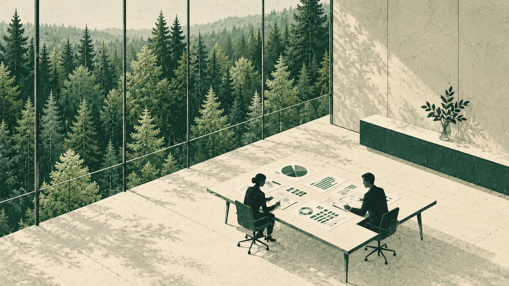 Two consultants reviewing sustainability reporting data across a desk