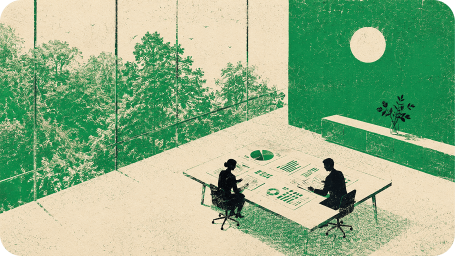 Two consultants reviewing sustainability reporting data across a desk